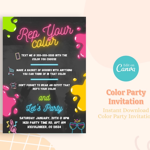 Color Party Invitation, TikTok Party Challenge, Adult Color Theme Party Invite, Editable Template, Social Media Party Challenge - PT1566