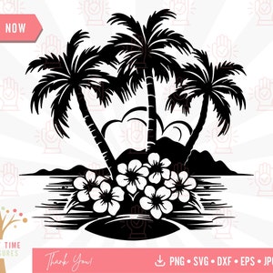 Palm Tree Svg, Tropical Hawaii Beach Scene with Hibiscus Flowers Png, Family Summer Vacation Clipart