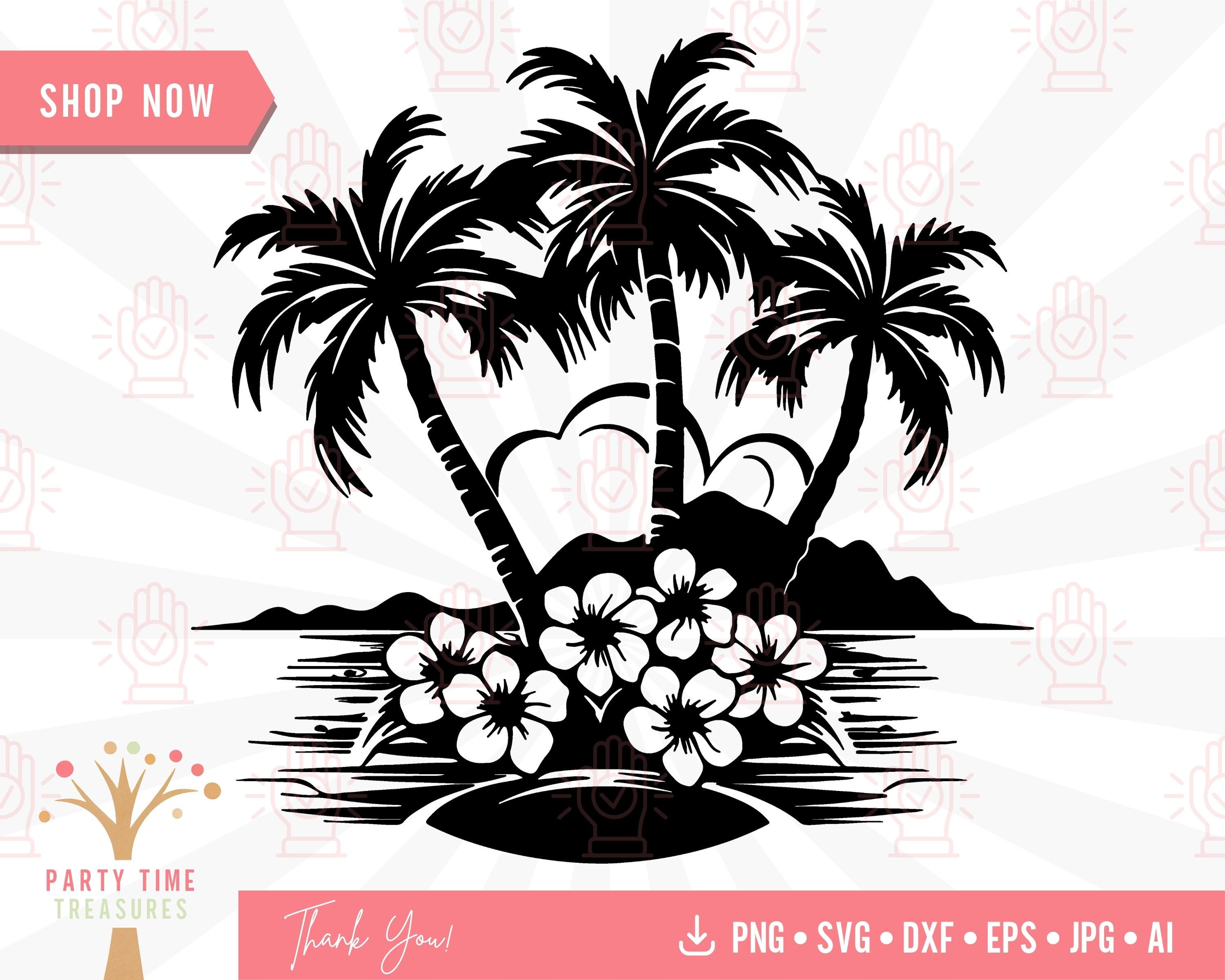 Palm Tree Svg, Tropical Hawaii Beach Scene With Hibiscus