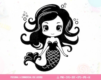 Cute Kawaii Mermaid SVG Cut File, Magical Mermaid Clipart for Birthday Girl, Laser Cut Files, Digital Download