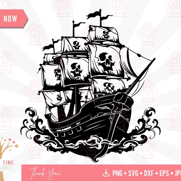 Pirate Ship Svg, Black Ship Silhouette Clipart, Nautical Cut File for Cricut, Sail Boat Svg, Pirate Skull Svg, Skull Cut Files