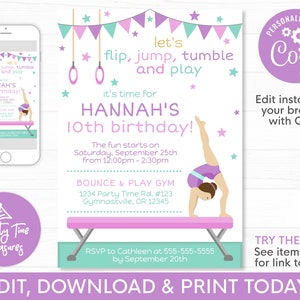 Gymnastic Birthday Invitation, Girl Birthday Invitation, Gymnastics Party Invite, Editable Invite, Pink and Purple - PT1151