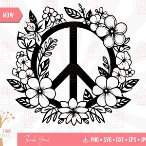 Floral Peace Sign Svg, Boho Hippie Wildflower World Peace Symbol Cut File, Summer Botanical Png, Retro 70s Clipart