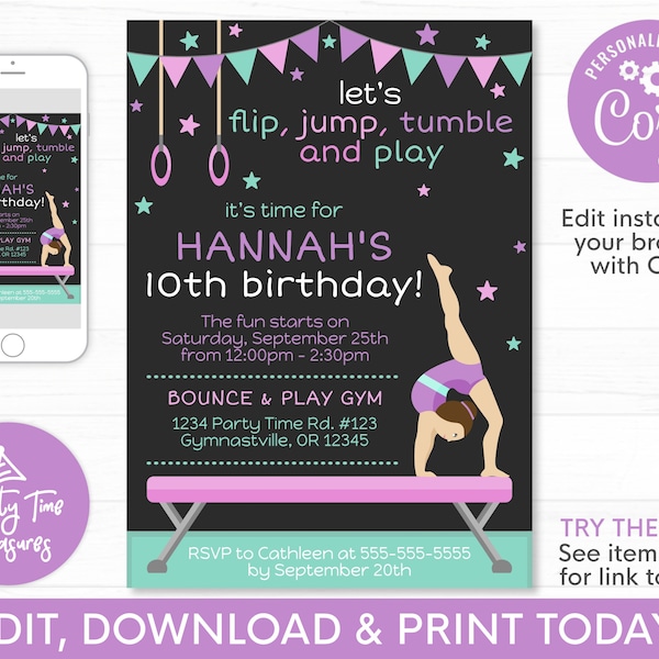 Gymnastics Birthday Invitation for Girls, Gymnastic Party Invite, Printable Invitation, Pink and Purple, Instant Download - PT1152