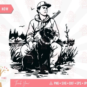Escena de caza de patos con Labrador Retriever negro Svg, Hunter Dad Shirt Clipart, Aventura de caza de aves al aire libre Png, Archivo de corte de temporada de caza