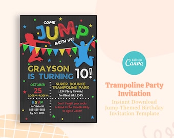 Trampoline Party Invitation, Indoor Trampoline Park Birthday Invite, Jump Birthday Party Invitation, Jumping Invitation - PT1059
