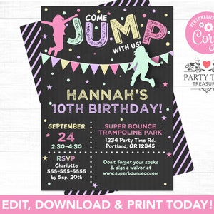 Jump Invitation for Girls - Trampoline Birthday Invitation - Trampoline Park - Jump Birthday Invitation - Editable Invite - PT1106