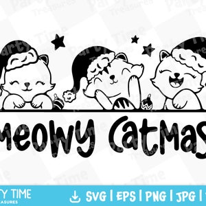 Chat de Noël SVG, Conception de chemise de Noël mignonne, Meowy Catmas drôle de chat amoureux cadeau PNG, joyeux Clipart de sublimation de chats de Noël - PT1545