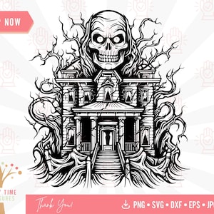 May include: Black and white illustration of a spooky haunted house with a skull face emerging from the roof and surrounded by gnarled tree branches.