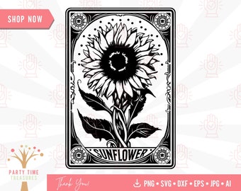 Sunflower Tarot Card Svg, Boho Sun Tarot Illustration, Occult Witchcraft Png Clipart
