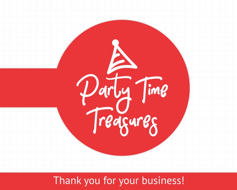 May include: Red circle with white text that says "Party Time Treasures" and a white party hat icon. The text is in a handwritten style.