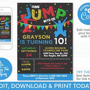 Trampoline Park Birthday Invitation, Boy Birthday Invitation, Jump Party Invitation, Bounce Birthday Invitation - PT1148