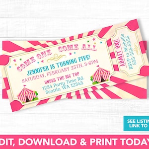 Karneval Einladung für Mädchen - Karneval Motto Party - Zirkus Einladung - Karneval Geburtstag Einladung - Vintage Karneval Tickets - PT1103