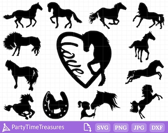 May include: A set of 12 black and white horse silhouette SVG cut files. The designs include a horse running, a horse standing, a horse with a heart, a horse with a horseshoe, and a horse with a girl. The files are perfect for creating custom crafts, home decor, and more.
