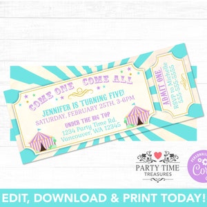 Karneval Einladung für Mädchen - Karneval Motto Party - Zirkus Einladung - Karneval Geburtstag Einladung - Vintage Karneval Tickets - PT1113