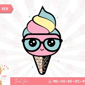 Cute Kawaii Ice Cream Cone with Glasses Svg, Summer Birthday Clipart, Food Party Png, Dessert Sweets Clip Art, Kids Shirt Svg