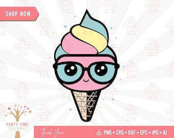 Cute Kawaii Ice Cream Cone with Glasses Svg, Summer Birthday Clipart, Food Party Png, Dessert Sweets Clip Art, Kids Shirt Svg