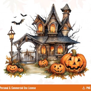 Halloween Haunted House PNG Sublimation Design, Halloween Watercolor Clipart, Creepy Jack O Lantern Png, Spooky Season Pumpkin Clipart