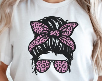 Messy Bun Svg, Layered Leopard Print Messy Bun Mom Life Svg for Shirts Crafts, Png - PT1345