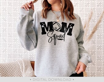 May include: Grey sweatshirt with black text that reads "MOM Squad" with a football graphic and stars.