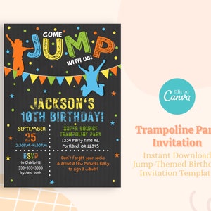 Trampoline Park Party Invitation, Printable Trampoline Birthday Invitation, Editable Trampoline Invites - PT1105