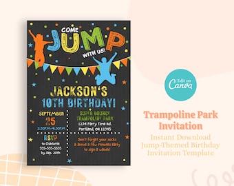 Trampoline Park Party Invitation, Printable Trampoline Birthday Invitation, Editable Trampoline Invites - PT1105