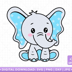 Cute Elephant SVG, Baby Elephant Cut File Baby Shower Elephant Clipart Blue Elephant Nursery Baby Boy PNG Cricut - PT1493