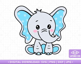 Cute Elephant SVG, Baby Elephant Cut File Baby Shower Elephant Clipart Blue Elephant Nursery Baby Boy PNG Cricut - PT1493