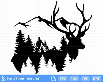 May include: Black silhouette of a stag's head with large antlers, incorporating a mountain range and a forest scene with a tent and campfire. The image is a vector graphic, suitable for various digital applications.