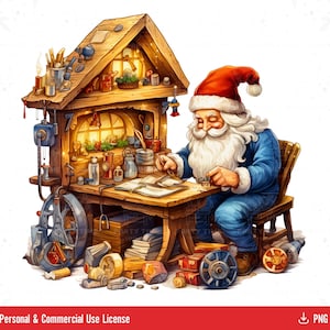 Santa&#39;s Workshop PNG Clipart Sublimation Design, North Pole Png, Santa Making Christmas Magic Clipart, Santa Art, Santa Making Presents