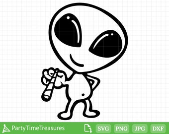 May include: A black and white cartoon illustration of a smiling alien holding a party favour in its right hand.