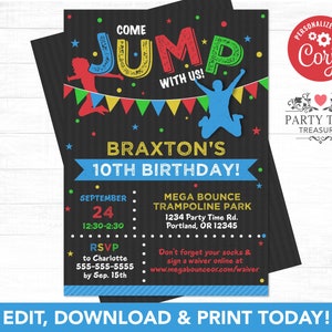 Trampoline Birthday Invitation - Boy Birthday Invitation - Trampoline Party Invitation - Jump Invitation - 10th Birthday Invite - PT1111