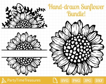 May include: A set of four hand-drawn sunflower illustrations. The illustrations include a single sunflower, a sunflower with a split banner, a half sunflower, and a half sunflower with leaves.