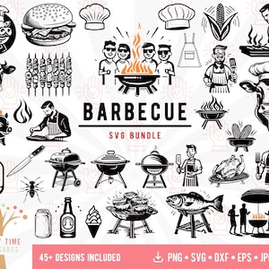 Könnte beinhalten: Ein Set mit über 45 Schwarzweiß-SVG-Designs zum Thema Grillen. Die Designs beinhalten eine Vielzahl von Bildern wie ein Schwein, eine Kuh, einen Grill, einen Koch, einen Burger, Mais am Stiel und vieles mehr. Der Text "BARBECUE SVG BUNDLE" ist im Bild enthalten.