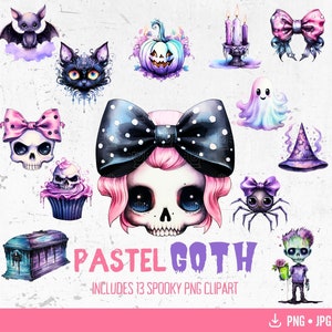 Pastel Goth Clipart Bundle, Spooky Cute Pastel Halloween Png, Scrapbooking and Digital Journaling Clipart, Skull with Bow