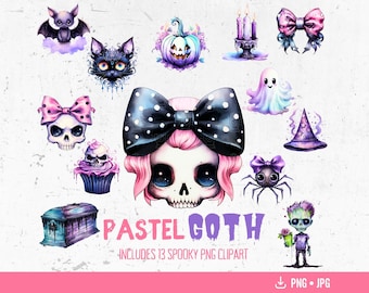 Paquete de imágenes prediseñadas de pastel gótico, imágenes prediseñadas de Halloween pastel espeluznantes y lindas, imágenes prediseñadas de scrapbooking y diario digital, calavera con lazo
