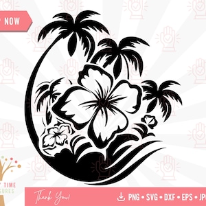 Tropical Hibiscus Flowers Beach Scene Svg, Palm Trees Cut File for Cricut, Summer Shirt Design Png, Floral Beach Svg, Trendy Island Clipart