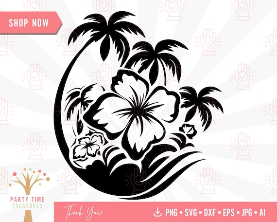 Tropical Hibiscus Flowers Beach Scene Svg, Palm Trees Cut File for Cricut, Summer Shirt Design Png, Floral Beach Svg, Trendy Island Clipart