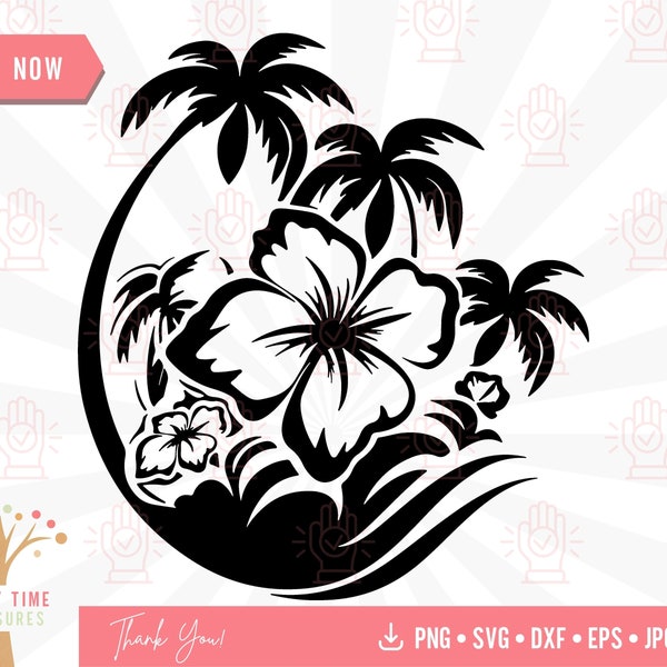 Tropical Hibiscus Flowers Beach Scene Svg, Palm Trees Cut File for Cricut, Summer Shirt Design Png, Floral Beach Svg, Trendy Island Clipart