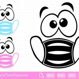 May include: Black and white cartoon illustration of a face wearing a blue and white striped face mask. The face has large, round eyes and a surprised expression.
