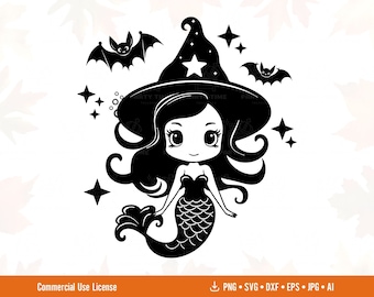 Spooky Halloween sorcière sirène SVG, fichiers de coupe Halloween pour enfants amusants, Svg de chapeau de sorcière, fête de sirène de la fille, Svg de chauves-souris, téléchargement numérique