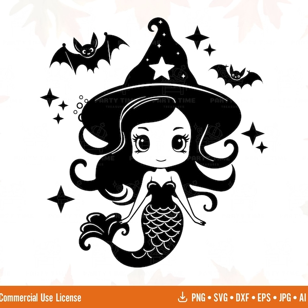 Spooky Halloween Witch Mermaid SVG, Fun Kids Halloween Cut Files, Witch Hat Svg, Girl's Mermaid Party Png, Bats Svg, Digital Download