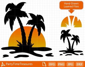 Palme SVG, Tramonto estivo sulla spiaggia SVG, Scena di spiaggia sull'isola SVG, PNG, DXF, PDF - PT1328