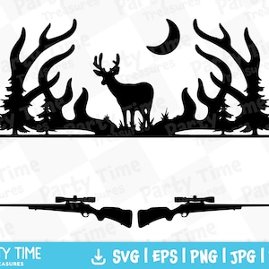 Hirsch Jagd Rahmen SVG, Hirsch Geweih Svg, Gewehr Svg, Jagd Monogramm für Gravur Plotterdatei, DIY Buck Hunter Geschenk, Split Frame - PT1554