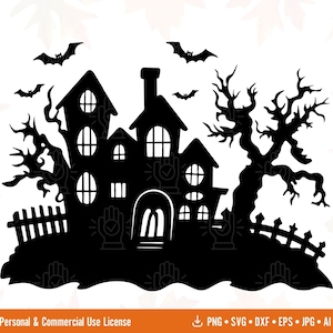 Casa stregata di Halloween Svg, File di taglio di Halloween spettrale, Pipistrelli volanti Svg, Clipart della Casa della strega con alberi contorti