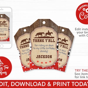 Cowboy Thank You Tag for Cowboy Themed Birthday Party, Western Thank You Tags, Cowboy Favor Tags - PT1153A