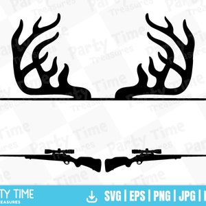 May include: Black silhouette of a deer antler with a rifle and scope underneath. The text "Party Time Treasures" is at the bottom of the image.