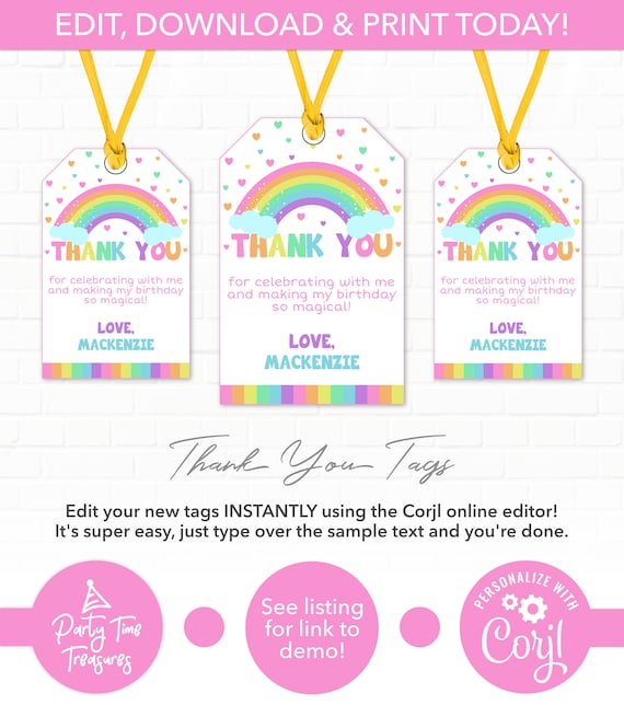 Rainbow Thank You Tags, Rainbow Party Favors, Printable