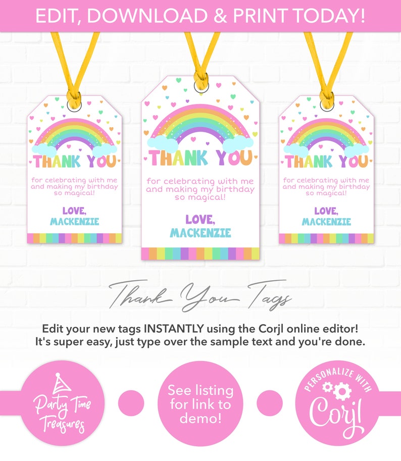 Rainbow Birthday Thank You Tags Rainbow Favor Tags Rainbow Etsy UK