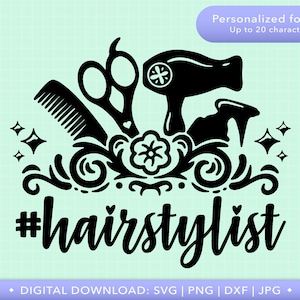 May include: Black and white silhouette design of a hairdryer, scissors, comb, and spray bottle with a floral design and the text "#hairstylist".